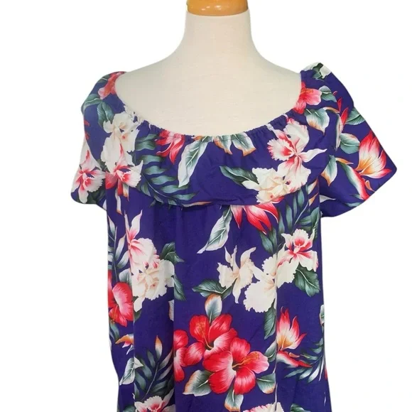 Vintage 80’s 100%Colton blue floral ruffle off shoulder Hawaiian maxi dress sz L - Picture 2 of 5